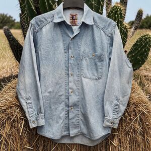 J:J Stone Washed Denim Shirt Mens Small Blue Vintage 80s Streetwear Grunge
